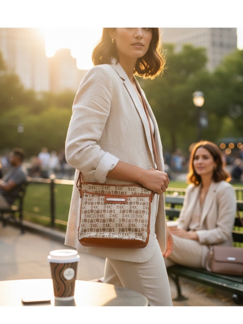Etienne Aigner Signature Monogram Canvas Crossbody Bag – Cognac Brown